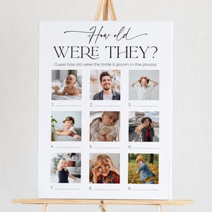 Quantos anos eles tinham? Placas e cartões com design minimalista moderno para chá de panela ou festa de casamento, modelo 100% editável e imprimível