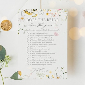 Does The Bride Know The Groom Bridal Shower Game with Romantic Floral Design | PDF Printable Bachelorette Party Quiz Game | Instant Download