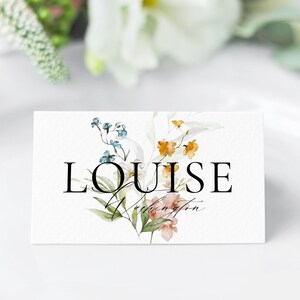 Plantilla de tarjetas de lugar para bodas en el jardín, etiquetas de nombres florales holandesas, reservaciones de asientos para bodas con tipografía atrevida