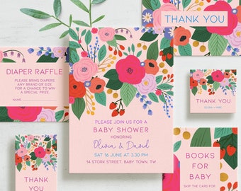 Floral Baby Shower Invitation Set, Colorful Baby Sprinkle Suite