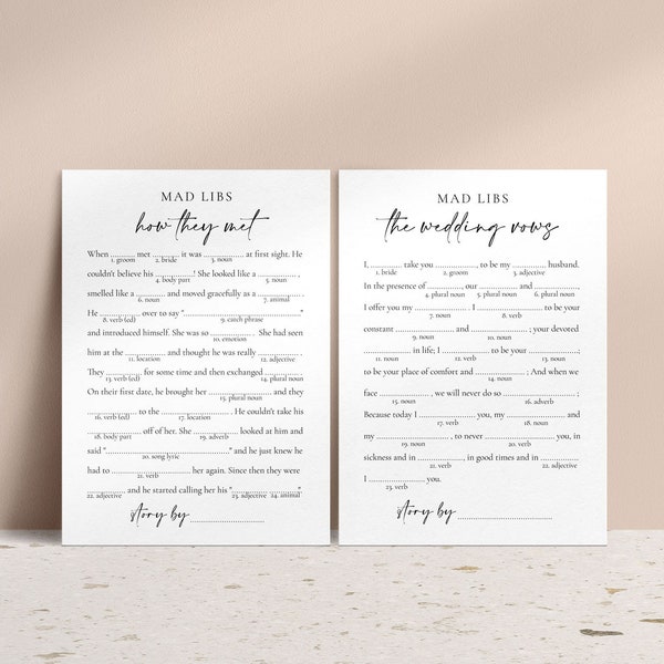 2 Printable Mad Libs Games with Minimalist Design for Bridal Shower or Bachelorette Party, PDF Ready to Print in Minutes, Instant Download