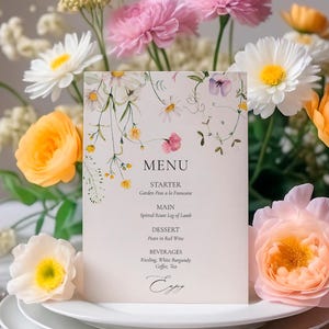 Floral Wedding Menu in 2 Sizes | Elegant Wildflower Dinner Menu | Garden Party Reception Stationery | 100% Editable & Printable Template