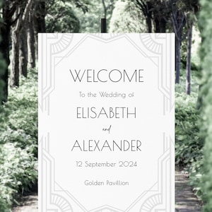 Art Deco Wedding Welcome Sign Template: Silver Gatsby Style (Editable)