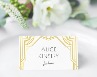 Modern Art Deco Place Cards with Gold Geometric Frame, Flat and Tent Folded, 100% Editable Printable Template