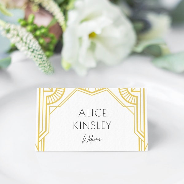 Modern Art Deco Place Cards with Gold Geometric Frame, Flat and Tent Folded, 100% Editable Printable Template