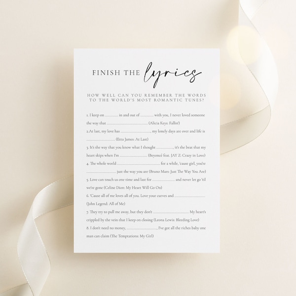 Finish the Lyrics Bridal shower Game, Music Bachelorette Party Game, Printable Love Songs Game, Ready to Print PDF Instant Download