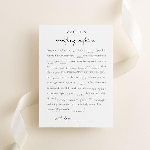 Wedding Advice Mad Libs Game, Printable Bridal Shower Mad Libs with Modern Minimalist Design, PDF Ready to Print in Minutes Instant Download