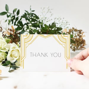 Notes de remerciement de mariage Art déco agrémentées d'un cadre géométrique doré, d'un plat et d'une tente pliée, modèle imprimable 100% modifiable