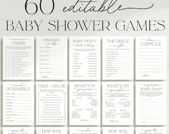 Minimalist Baby Shower Games Bundle: 60 Printable Cards (Editable Templates)