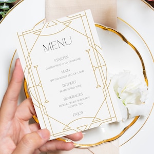 Szablon menu w stylu Art Deco w stylu geometrycznym, menu kolacji Great Gatsby 5x7, menu weselne w stylu Art Nouveau, edytowalna karta win