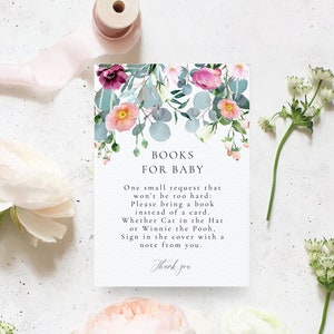 Bloemenboeken voor babykaart, babyshowerboekaanvraagkaart, babybibliotheek insteekkaart, bewerkbaar digitaal item