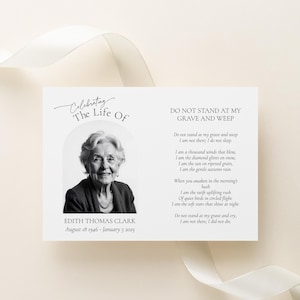 Carte de prière commémorative personnalisée, carte de célébration de la vie avec poème et photo, carte souvenir de nécrologie modèle 100 % modifiable et imprimable