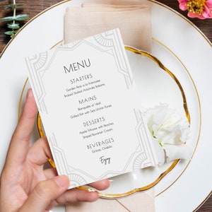 Silver Art Deco Wedding Menu Template, 5x7 Great Gatsby Dinner Menu, Minimalist Art Nouveau Dining Menu