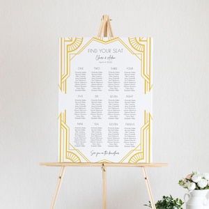 Art Deco Wedding Seating Plan with Golden Geometric Frame, 100% Editable Template in 4 Sizes