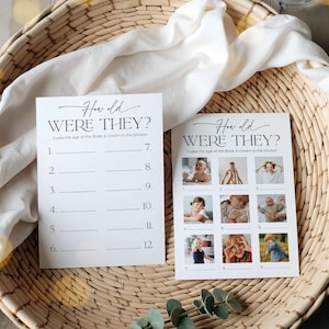 Hoe oud waren ze? Babyshowerspel met foto's, bordje en ticket hoe oud waren de ouders, bewerkbaar leeftijdsspel