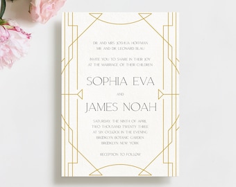 Art Deco Wedding Invitation, Modern Style Wedding Invite, Gold Deco Invitation, 100% Editable Template