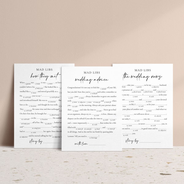 3 afdrukbare Mad Libs-spellen met modern ontwerp voor bruidsdouche of huwelijksfeest, PDF klaar om af te drukken in enkele minuten, direct downloaden