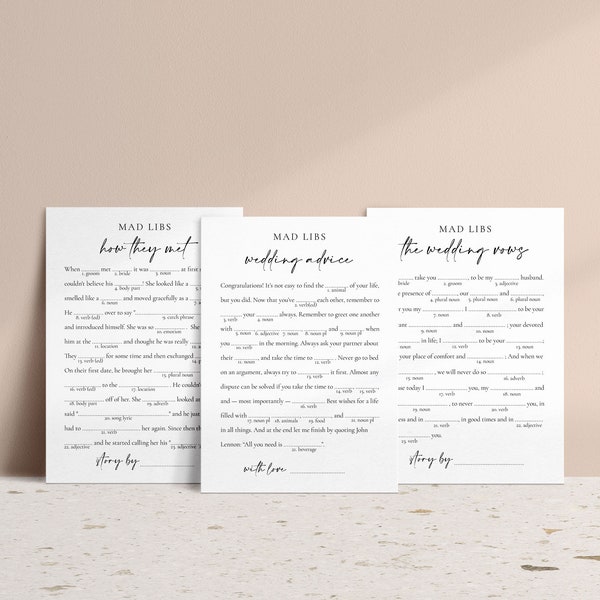 3 jeux Mad Libs imprimables avec un design moderne pour une douche nuptiale ou une fête de mariage, PDF prêt à imprimer en quelques minutes, téléchargement immédiat