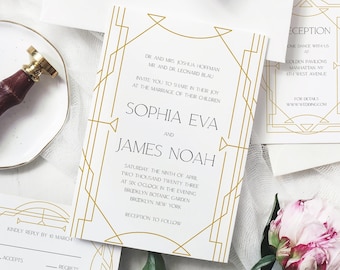 May include: Gold art deco wedding invitation with a gold geometric frame and the names Sophia Eva and James Noah. The invitation includes the date, time, and location of the wedding ceremony and reception. The text "Kindly reply by 10 March" is included at the bottom of the invitation.