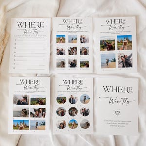 Where were they bridal shower game pack, 6 where were they game cards laying on soft, white fabric. The games have different photo frame designs and layouts and a modern, minimalist style