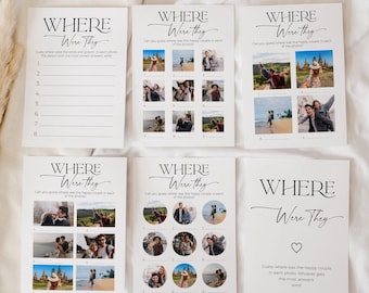 May include: A set of six printable wedding game cards with the text "Where Were They" and a series of photos of a couple in different locations. Guests can guess where the couple was in each photo.