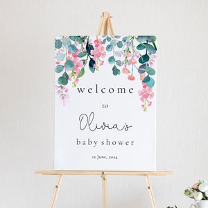 Wisteria Floral Baby Shower Welcome Sign Template, Pink and Purple Baby Shower Poster, Girl Baby Shower Welcome Board