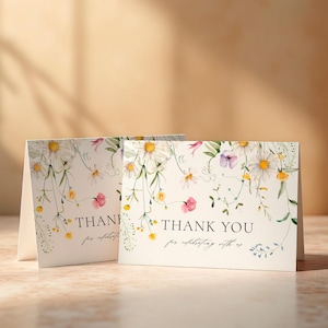 de remerciement avec des marguerites et des fleurs sauvages à l'aquarelle | de remerciement pour mariage élégant | 100 % modifiable et imprimable à plat et plié