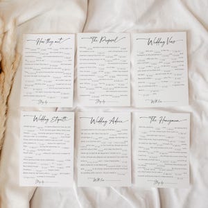 6 juegos de Mad Libs imprimibles con diseño moderno para despedidas de soltera o bodas. Plantilla de juego de Mad Libs para despedidas de soltera 100 % editable.