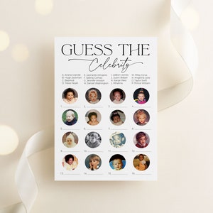 Könnte beinhalten: Ein druckbares Spiel mit dem Titel "Errate den Promi" und 16 Schwarzweißfotos von Promi-Babys. Das Spiel enthält eine Liste von 16 Prominenten, die erraten werden sollen.