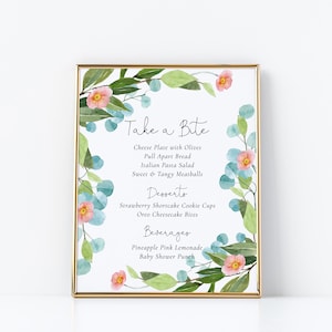 Letrero de menú buffet de baby shower con vegetación acuarela y flores de amapola rosa, plantilla 100% editable en 2 tamaños
