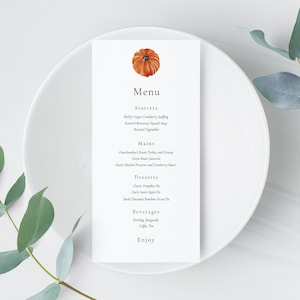 Pumpkin Thanksgiving Dinner Menu Template: Minimalist Printable (4x8)