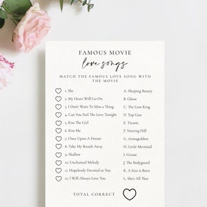 Guess The Movie Love Songs Game, Bridal Shower Love Songs Game, Movie Bridal Shower, Ready to Print Instant Download