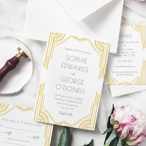 Elegant Art Deco Wedding Invitation Suite with Golden Geometric Frame, 100% Editable Printable Template