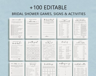 Lot de 100 jeux de douche nuptiale, jeux d'enterrement de vie de jeune fille modernes, modèles imprimables 100 % modifiables