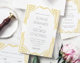 Elegante Art-Deco-Hochzeitseinladungs-Reihe mit goldenem geometrischem Rahmen, 100% bearbeitbare druckbare Vorlage