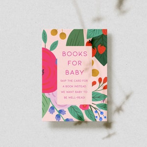 Livres floraux roses pour carte de bébé, carte de demande de livre de fête de naissance, bébé saupoudré apportez un insert de livre