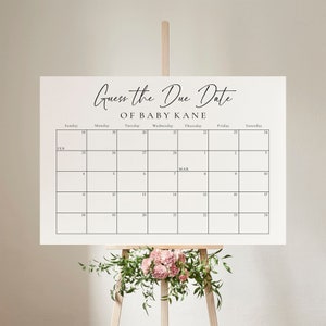 Adivina el signo del calendario de fecha de vencimiento, juego moderno de baby shower, plantilla imprimible 100% editable