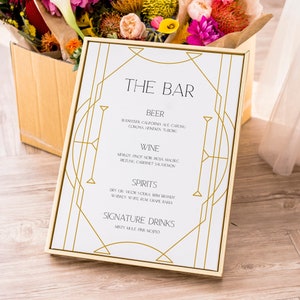 Art-Deco-Bar-Menü-Zeichen-Vorlage, Goldenes Art-Deco-Hochzeits-Bar-Zeichen, Great Gatsby Bar & Weinliste-Zeichen, 100% bearbeitbar 8x10 und 5x7 Zeichen