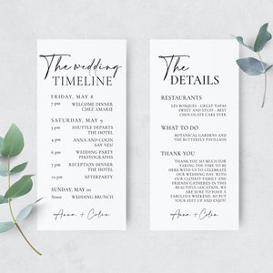 Wedding Weekend Itinerary Template Download, Modern Minimalist Wedding Timeline and Details, Hotel Wedding Welcome Bag Inserts