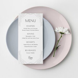 Szablon menu w stylu Art Deco w kolorze srebrnym, menu kolacji Great Gatsby do wydrukowania, menu weselne z lat 20. do wydrukowania