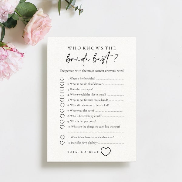 Minimalist Who Knows The Bride Best Game, Printable How Well Do You Know The Bride, Ready To Print Bridal Shower Game