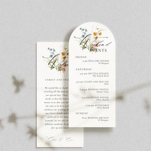 Modelo de itinerário de casamento floral arqueado, cartão de cronograma de casamento de destino, ordem de eventos de fim de semana de casamento e cartão de boas-vindas