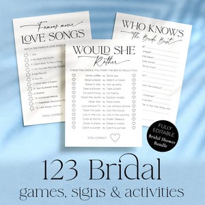 Paquete de 123 juegos, letreros y tarjetas para despedidas de soltera con diseño moderno. Plantillas 100 % editables.