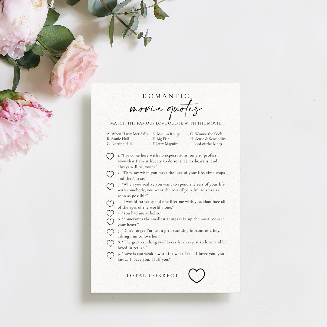 Printable Match the Movie Love Quotes Game, Movie Trivia Bridal Shower ...