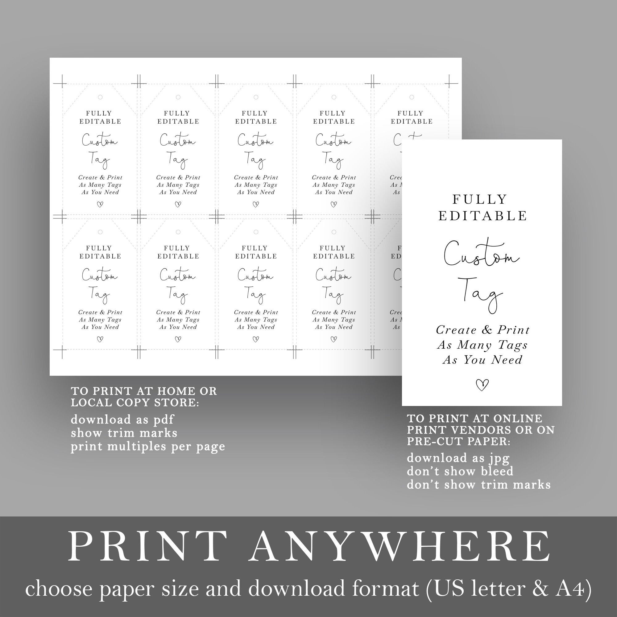 Printable Custom Tags Printable Custom Tags in 2 Sizes, Minimalist Modern 100% Editable ...