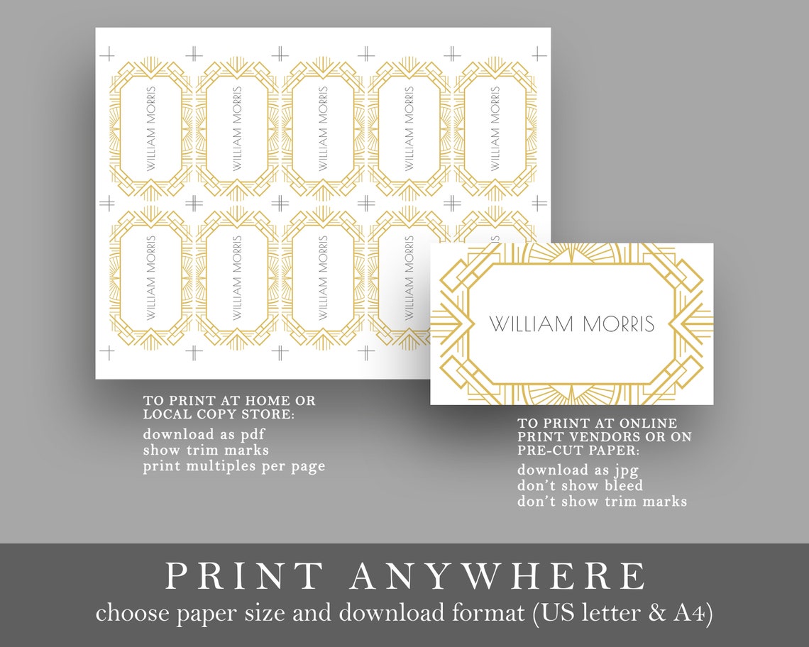 Art Deco Place Cards Template Great Gatsby Dinner Place Tags Etsy