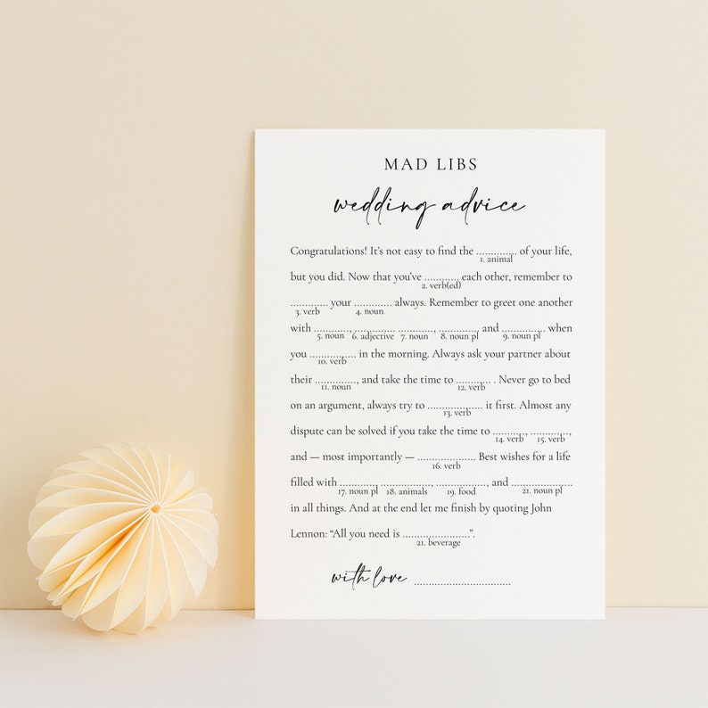 Wedding advice mad libs card with modern, minimalist design