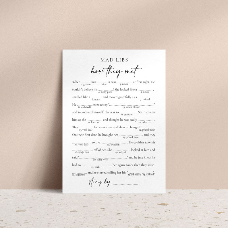 How they met wedding mad libs game with minimalist, modern design.