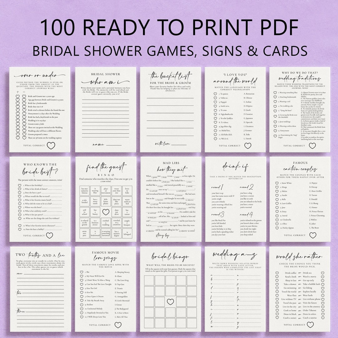 Ready to Print Bridal Shower Games With Modern, Minimalist Design ...