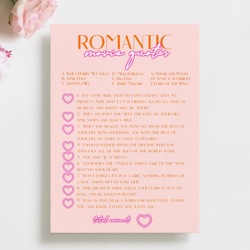 Movie Love Quotes Bridal Shower Game Match the Movie Quote Etsy